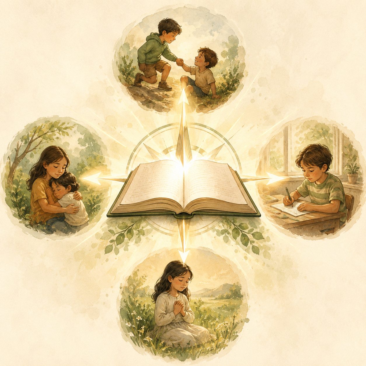 Illustration of four story vignettes radiating from an open storybook, representing Honesty, Courage, Kindness, and Faith