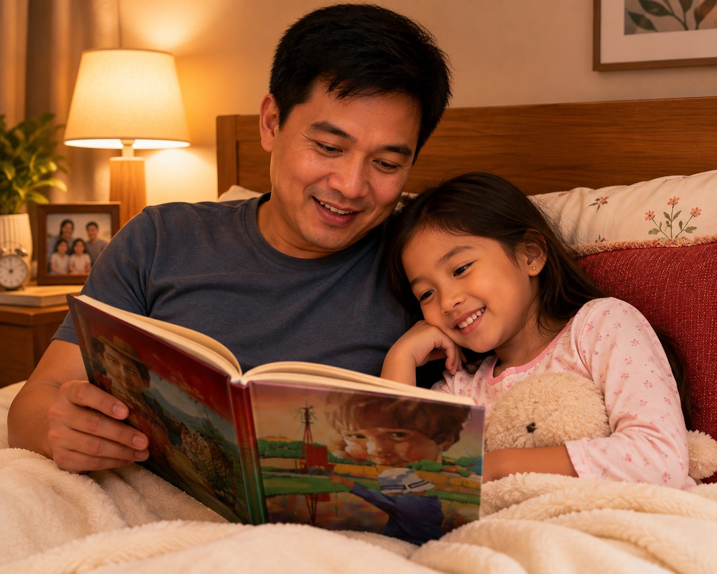 A father reading a storybook aloud to his daughter at bedtime