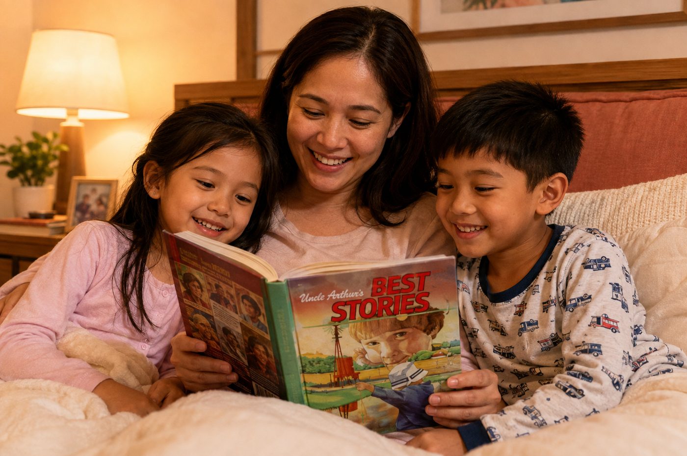 A mother reading a storybook aloud to her two children in bed